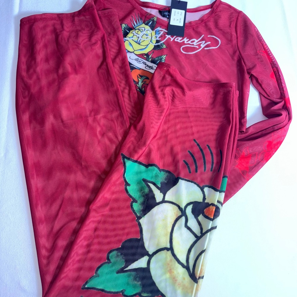 Ed Hardy Mesh Skirt Set XL Red NEW Tattoo Graphic Rhinestone Y2K 2 Piece Maxi